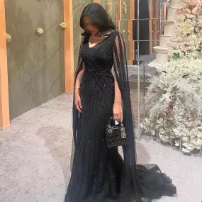 Luxury Black Beaded Evening Dresses with Cape Sleeves SS218