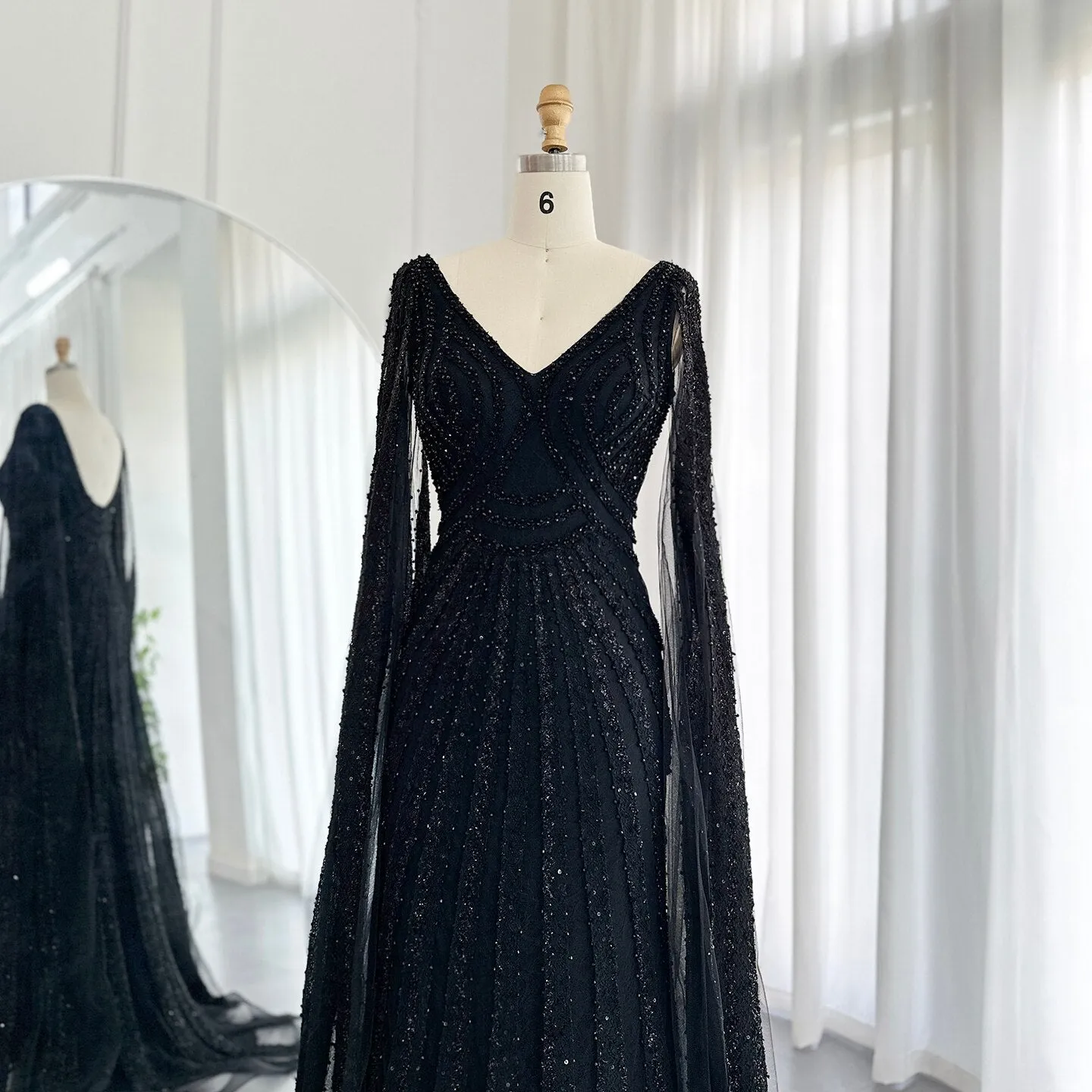 Luxury Black Beaded Evening Dresses with Cape Sleeves SS218