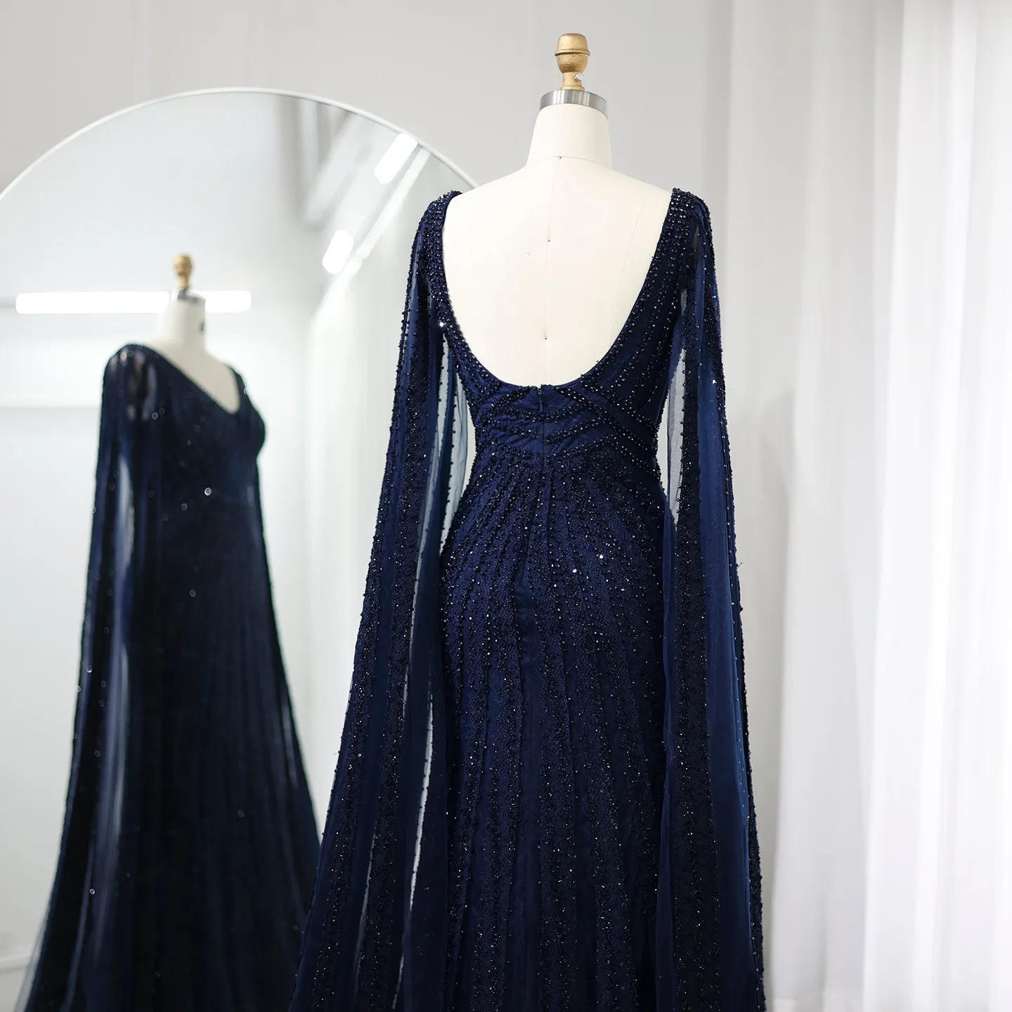 Luxury Black Beaded Evening Dresses with Cape Sleeves SS218