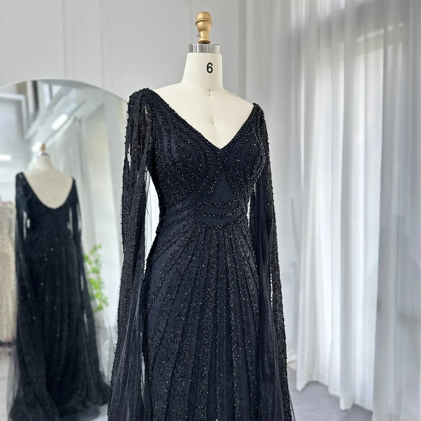 Luxury Black Beaded Evening Dresses with Cape Sleeves SS218