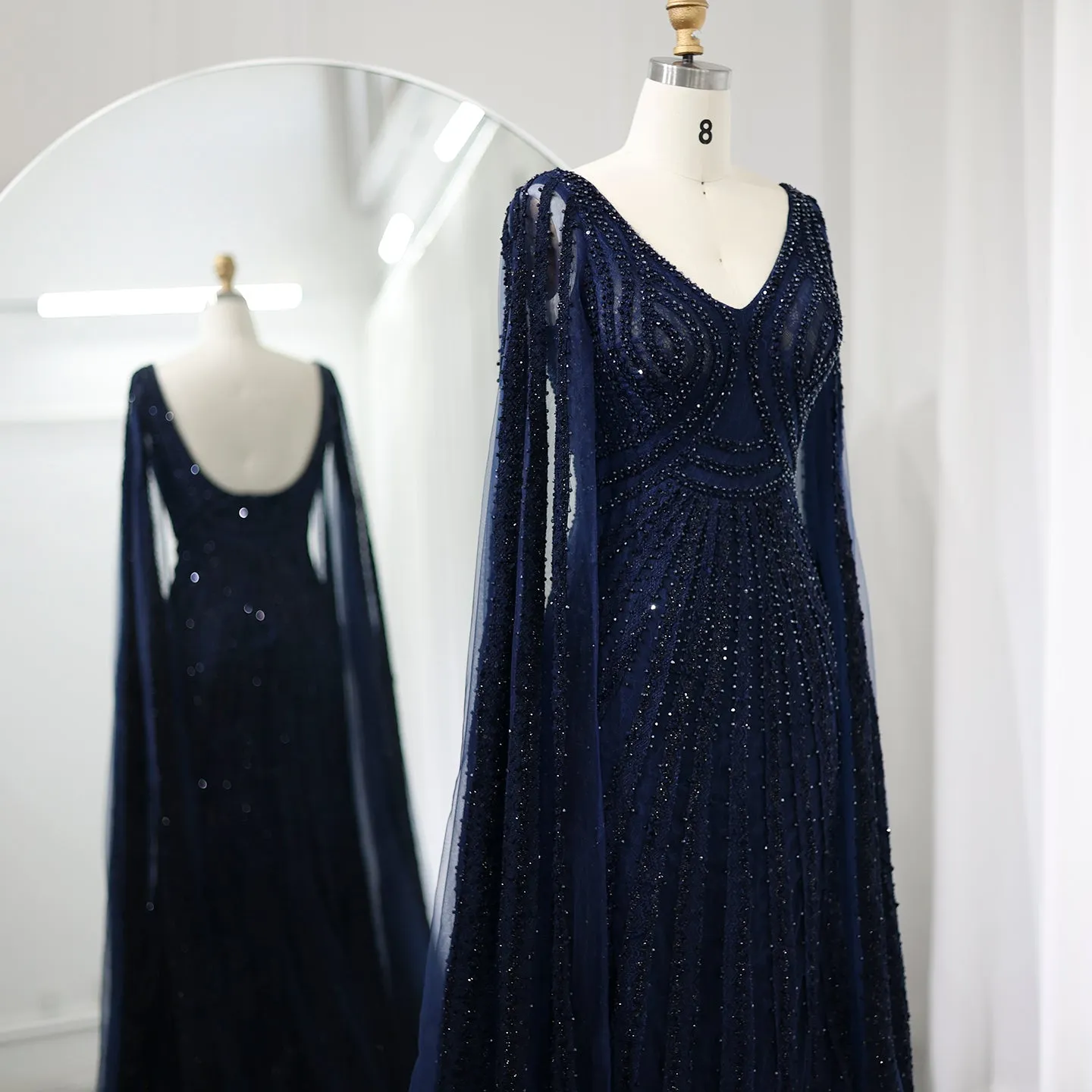 Luxury Black Beaded Evening Dresses with Cape Sleeves SS218