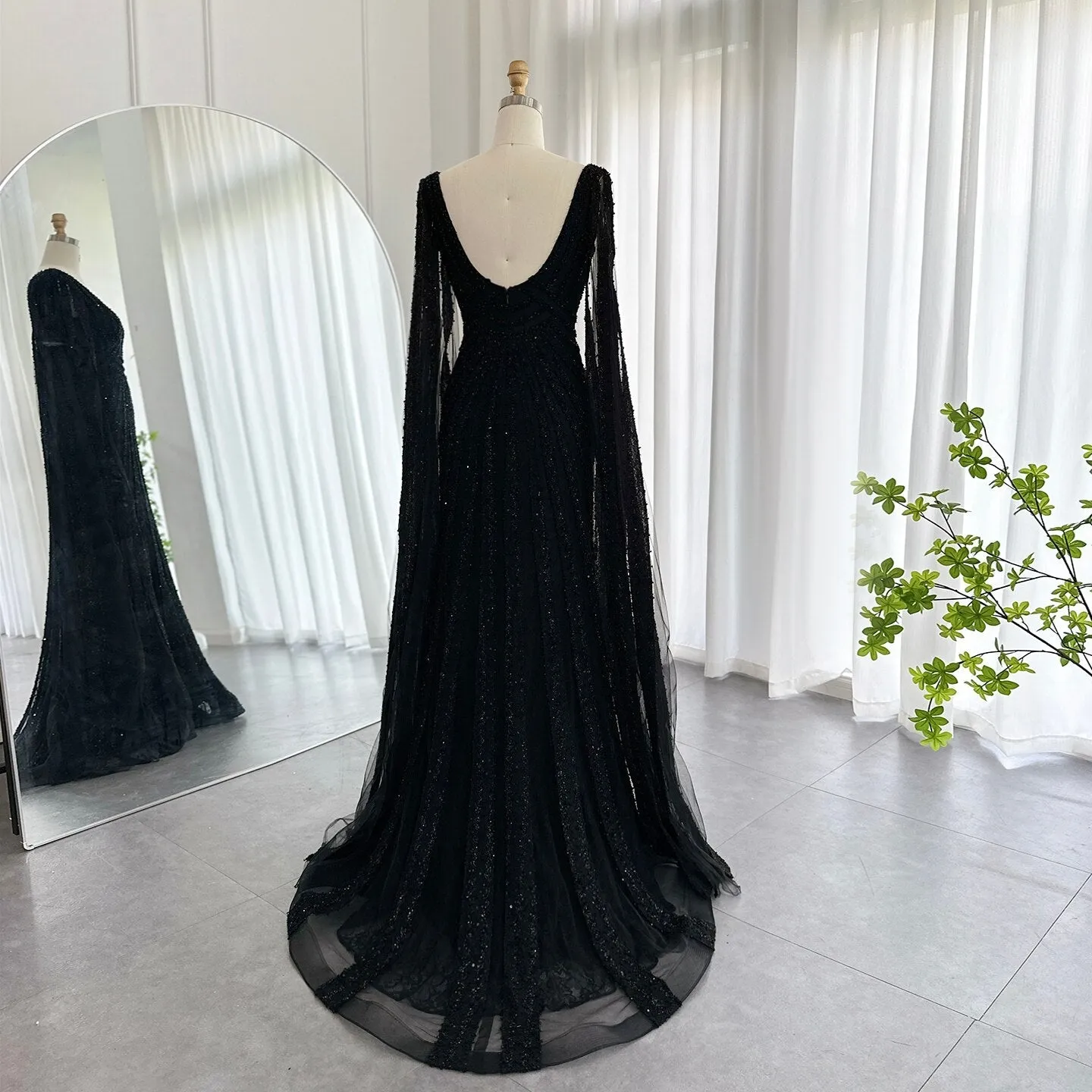 Luxury Black Beaded Evening Dresses with Cape Sleeves SS218