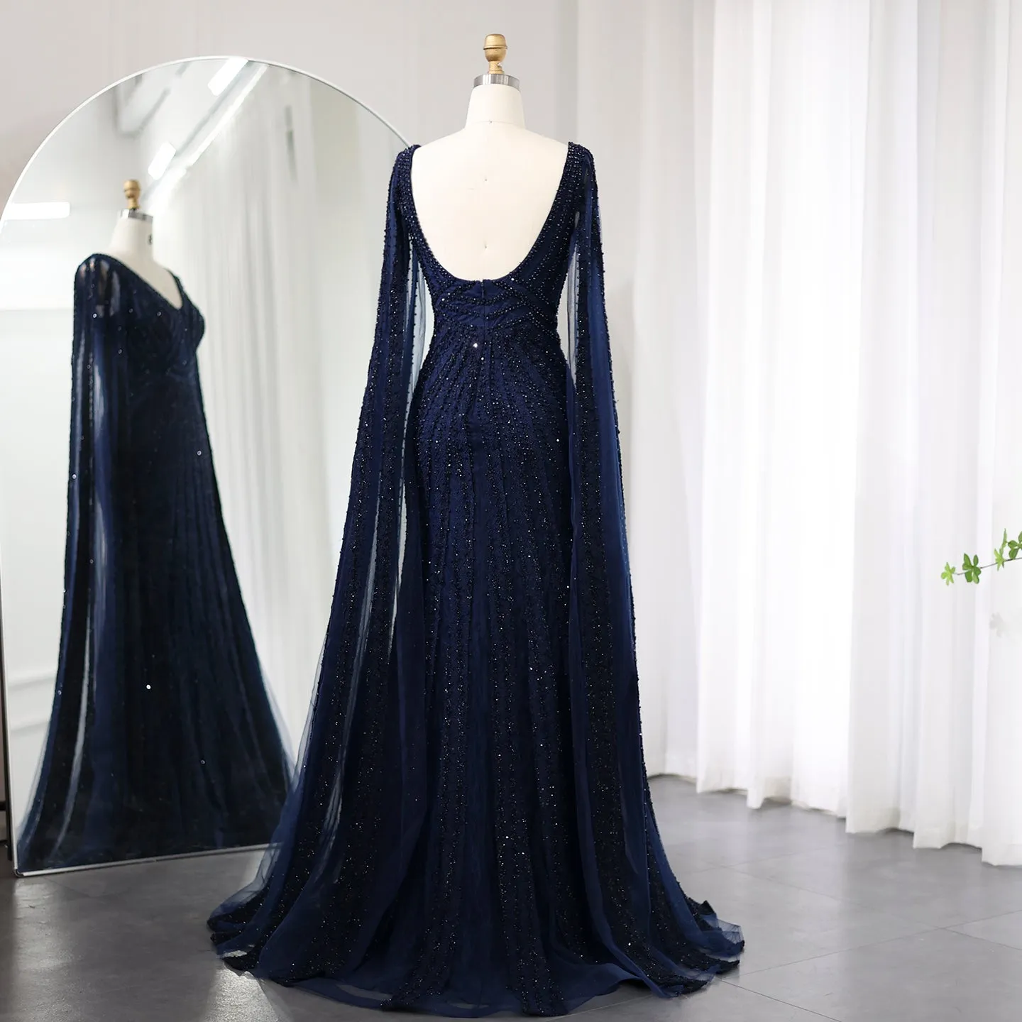 Luxury Black Beaded Evening Dresses with Cape Sleeves SS218