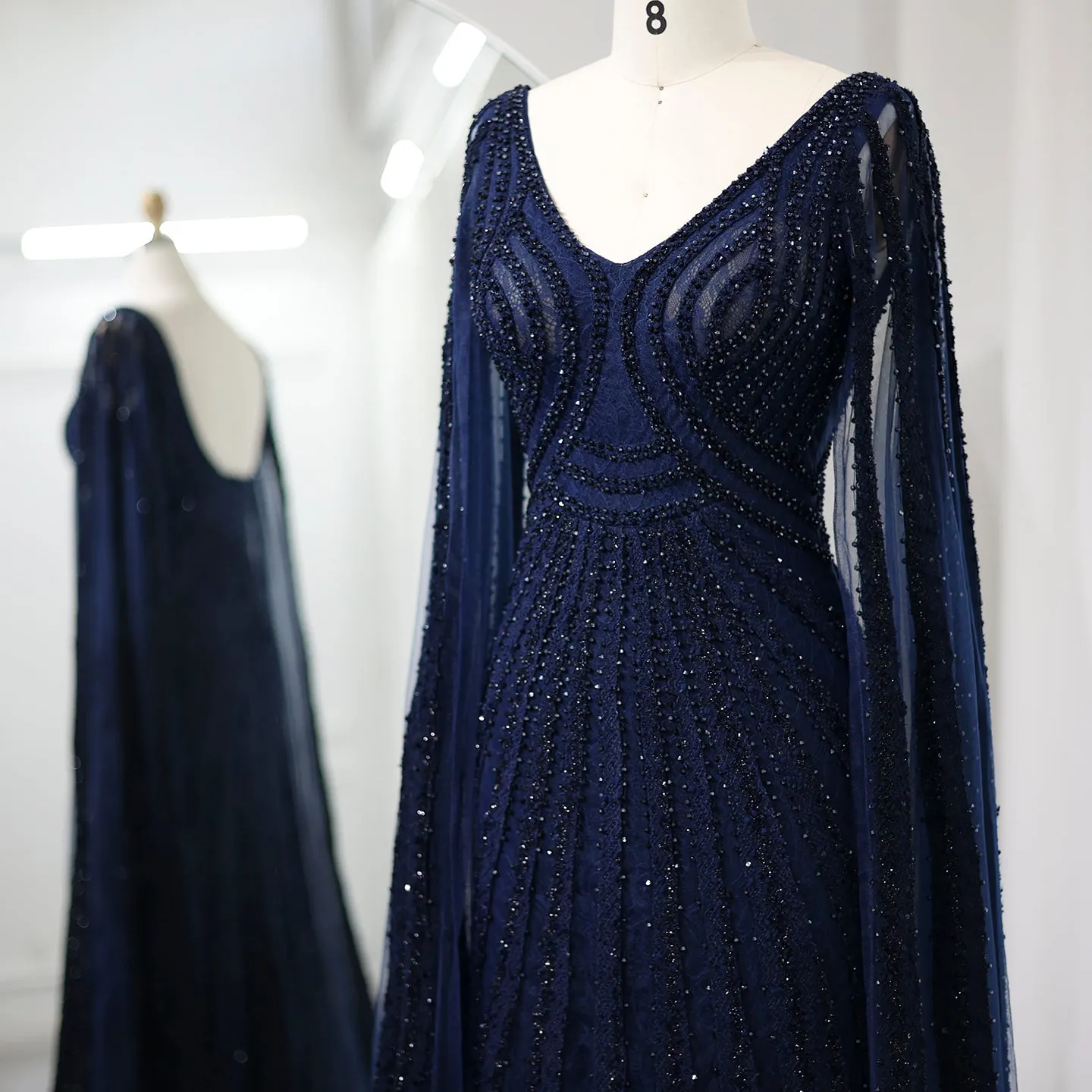 Luxury Black Beaded Evening Dresses with Cape Sleeves SS218