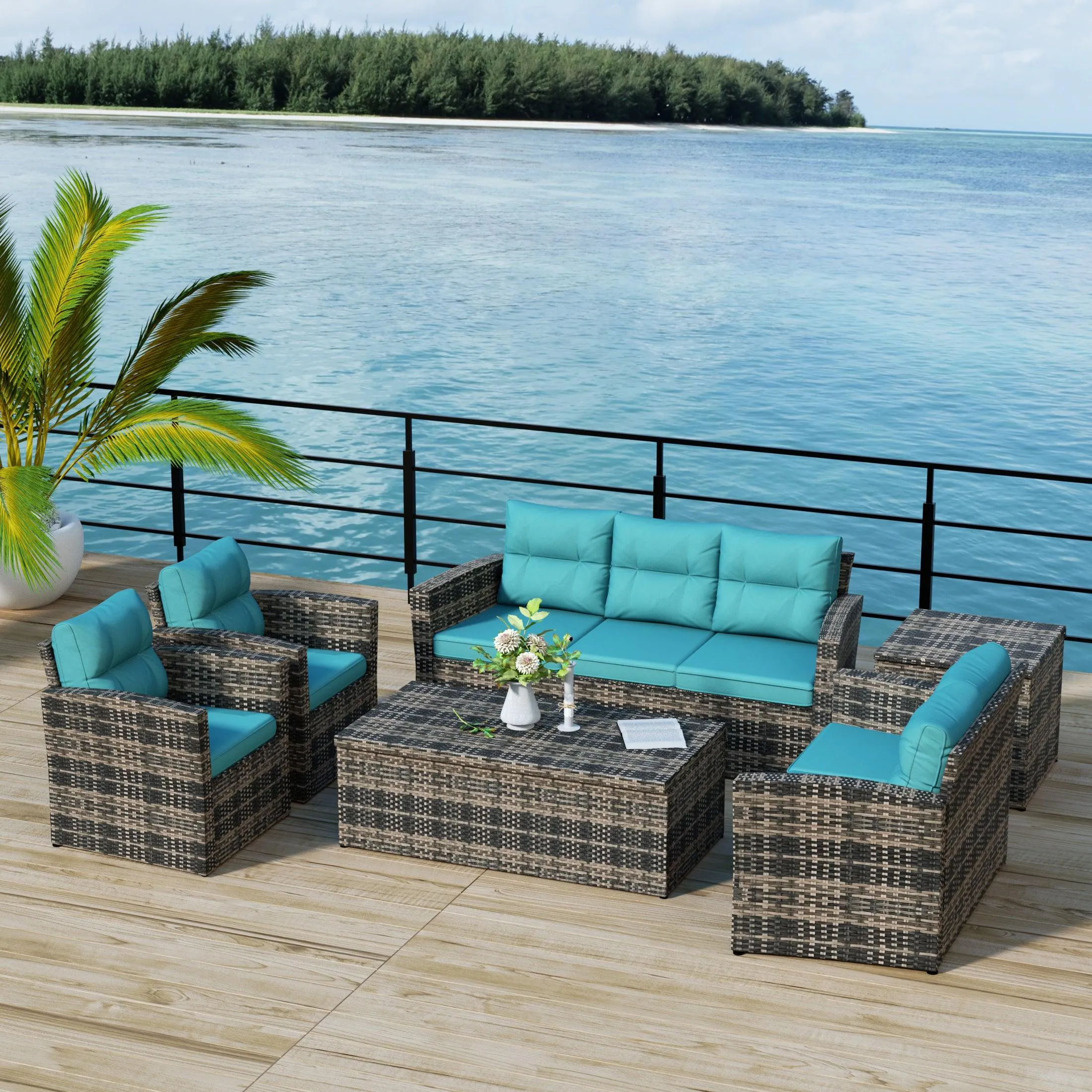 Maldives 6-Piece Set Outdoor Patio Conversation Sofa Set Brown PE Rattan