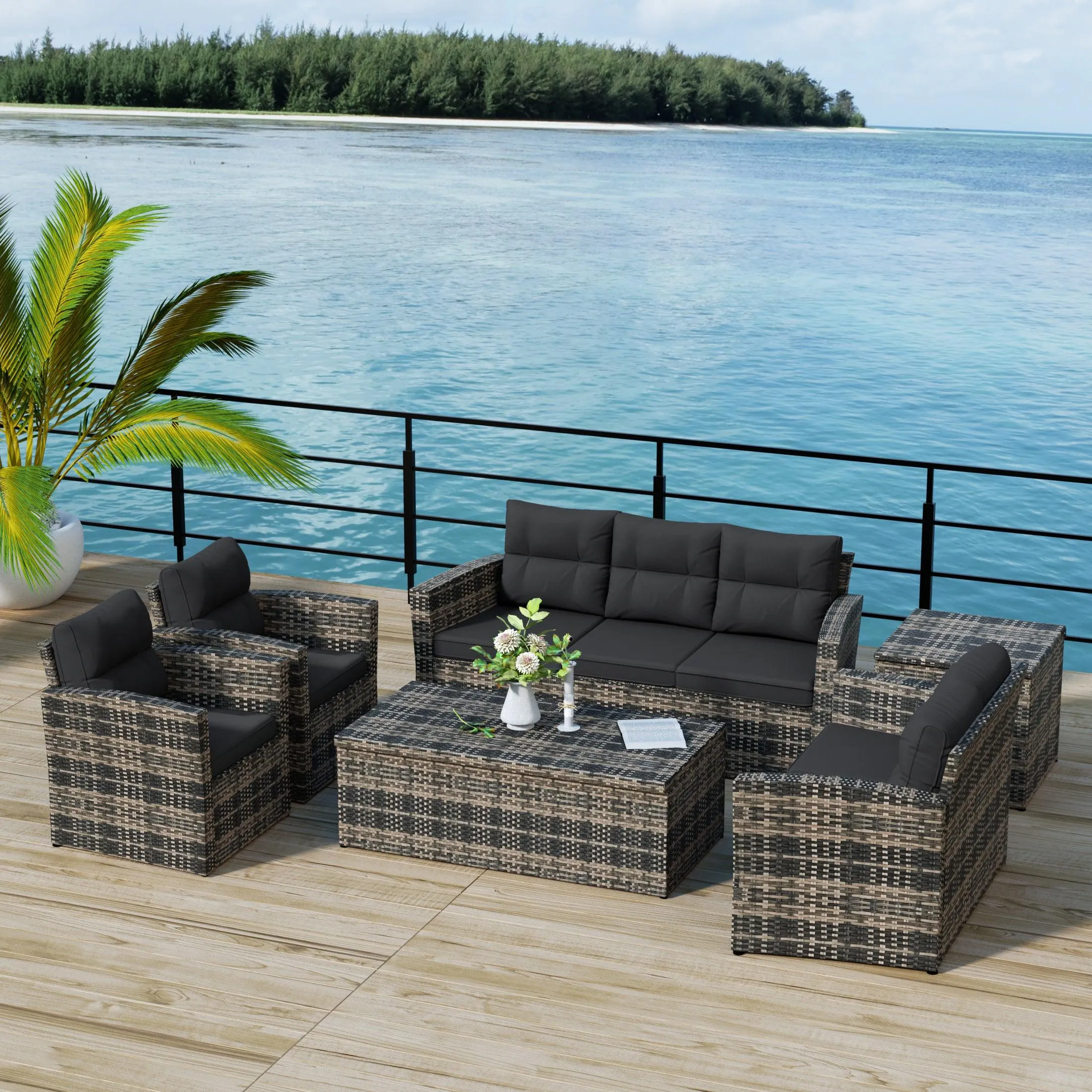 Maldives 6-Piece Set Outdoor Patio Conversation Sofa Set Brown PE Rattan