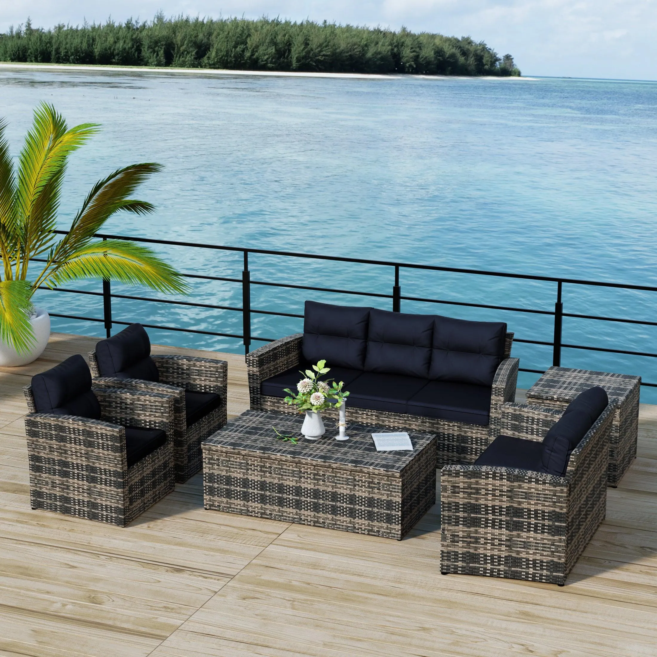 Maldives 6-Piece Set Outdoor Patio Conversation Sofa Set Brown PE Rattan