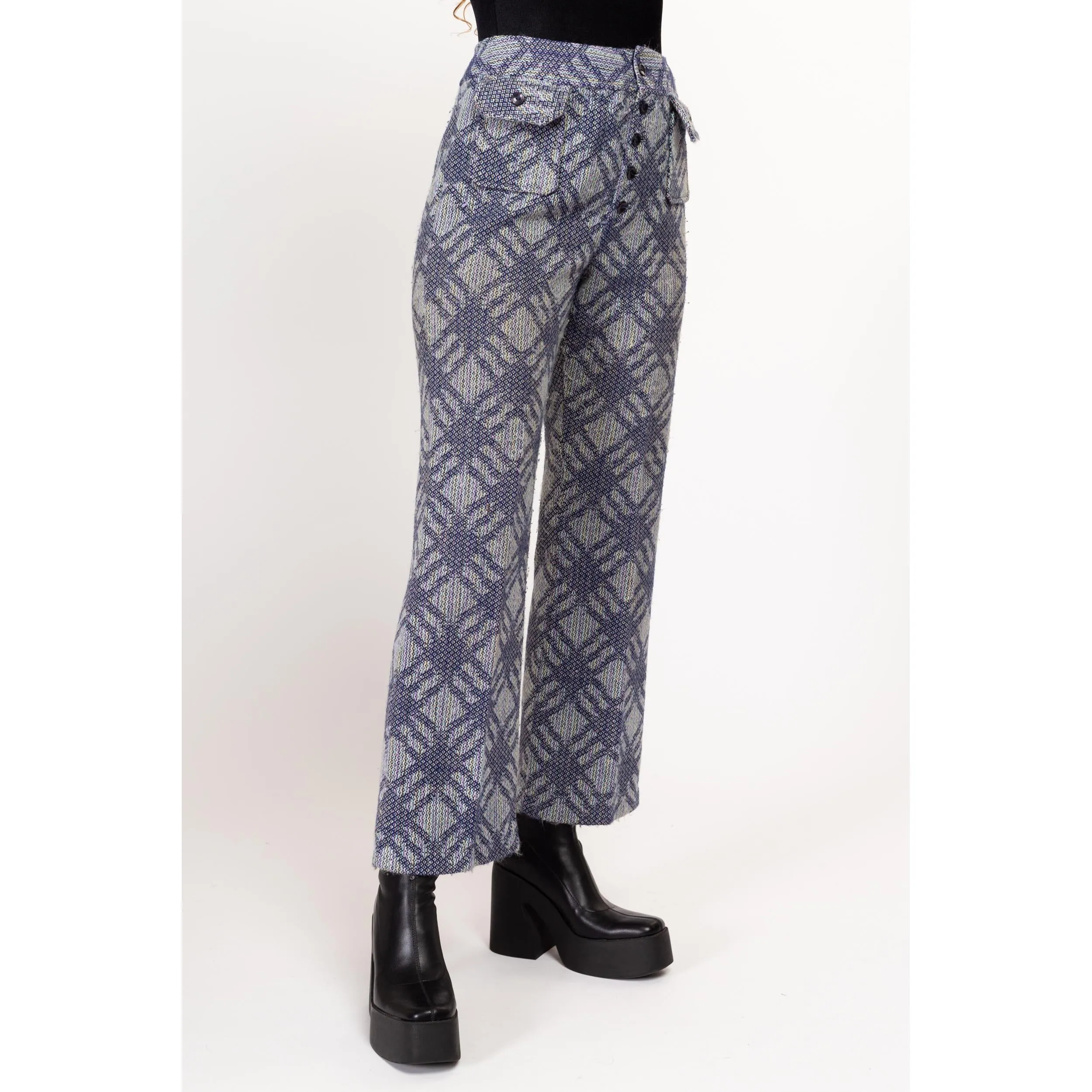 Medium 70s Blue & Pastel Plaid Knit Flared Pants 28"