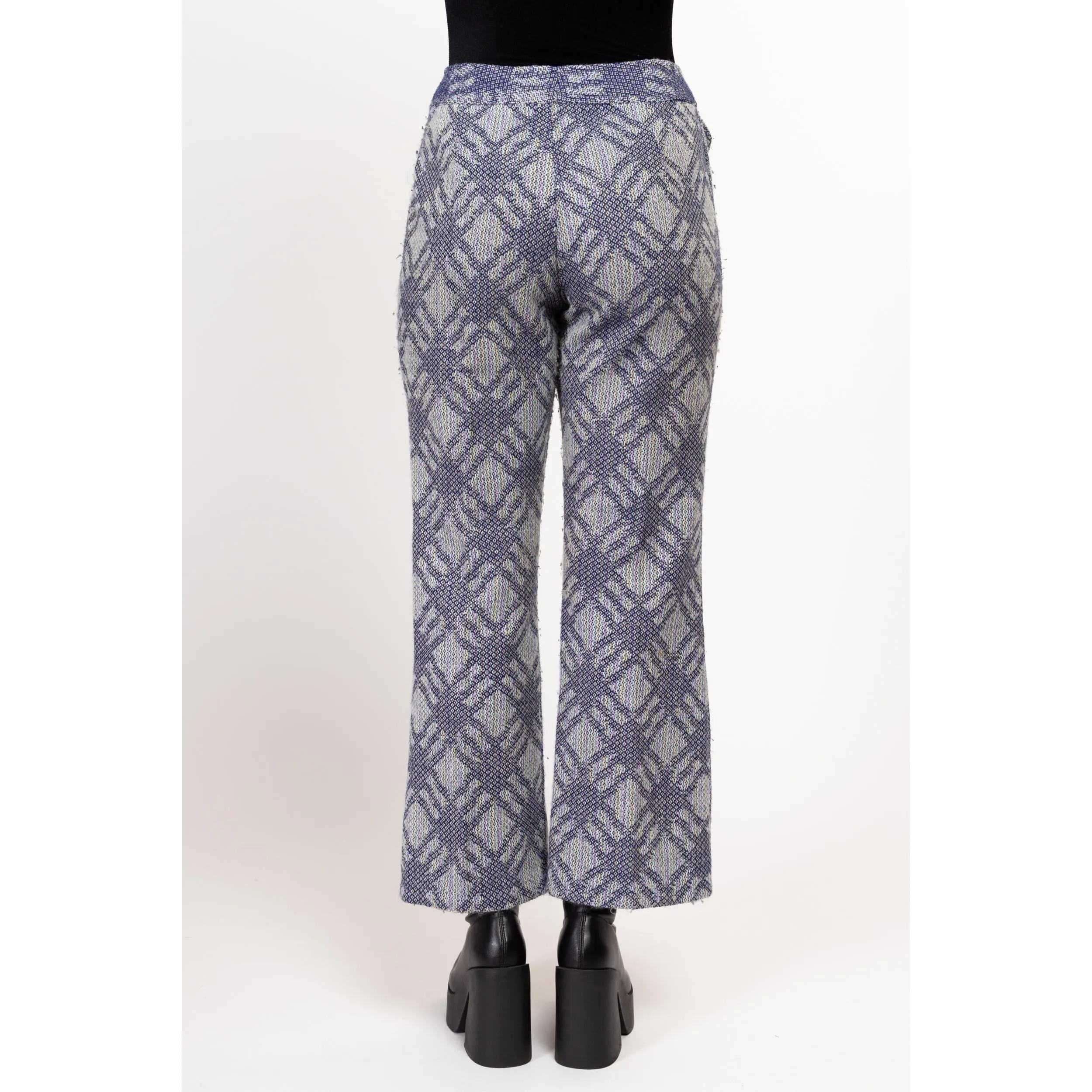 Medium 70s Blue & Pastel Plaid Knit Flared Pants 28"