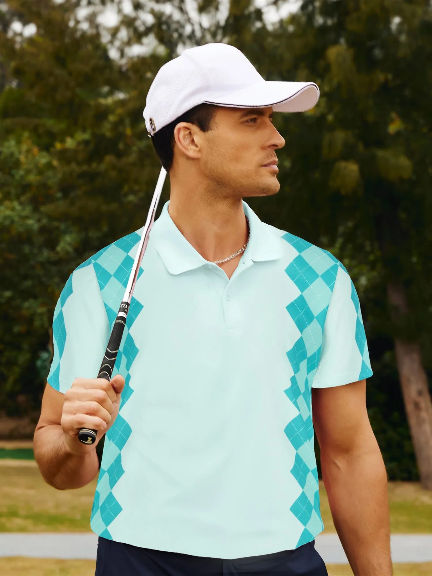 Men Argyle Polo Shirt Moisture Wicking Contrast Tennis Golf Pullover Shirts for Summer