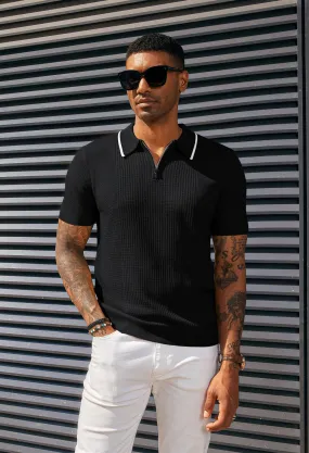 Men Stylish Lapel Collar Knitted Polo-Shirt Short Sleeve Zip-up Neck Knitwear