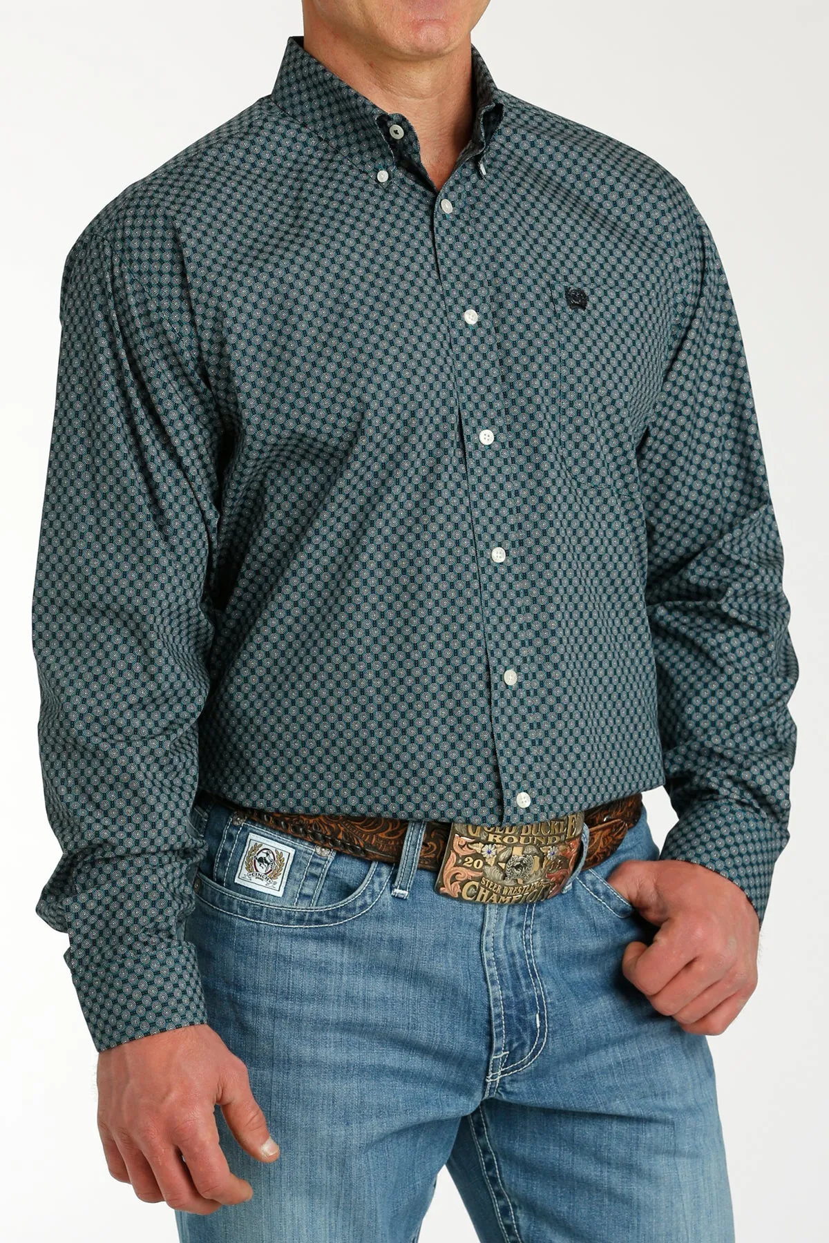 Men's Cinch Teal Print Long Sleeve Shirt - MTW1105776