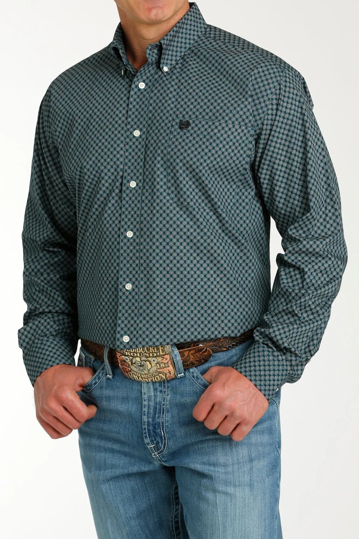 Men's Cinch Teal Print Long Sleeve Shirt - MTW1105776