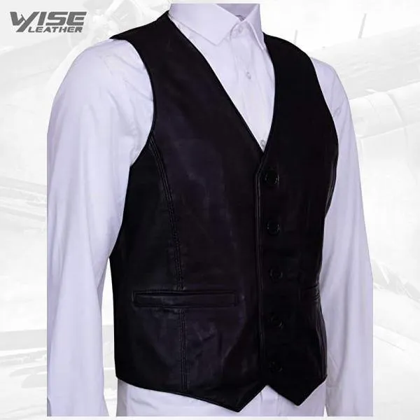 Men's Classic Smart Black Leather Waistcoat