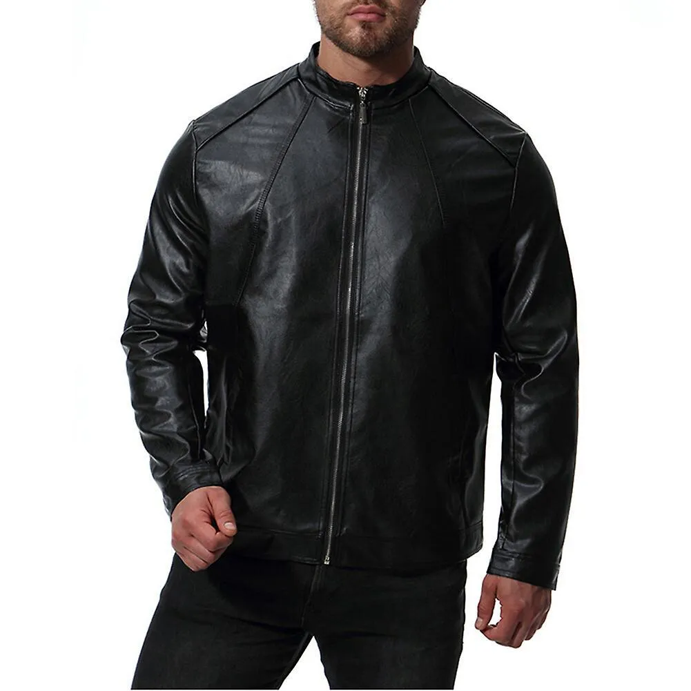 Mens Classic Stand Collar Zipper Motorcycle Leather Jacket M S1201509