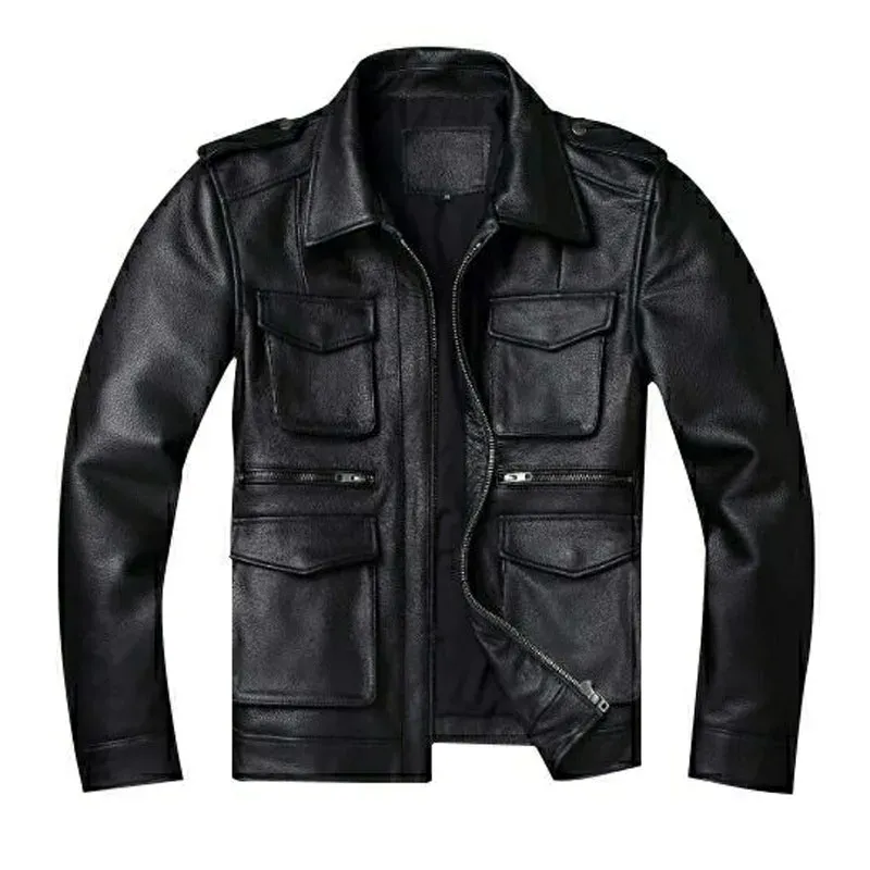 Mens Genuine Leather Biker Jacket: Real Cowhide Winter Coat