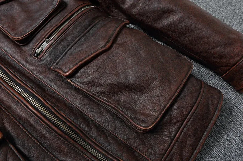 Mens Genuine Leather Biker Jacket: Real Cowhide Winter Coat