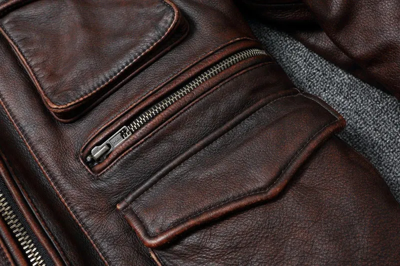 Mens Genuine Leather Biker Jacket: Real Cowhide Winter Coat