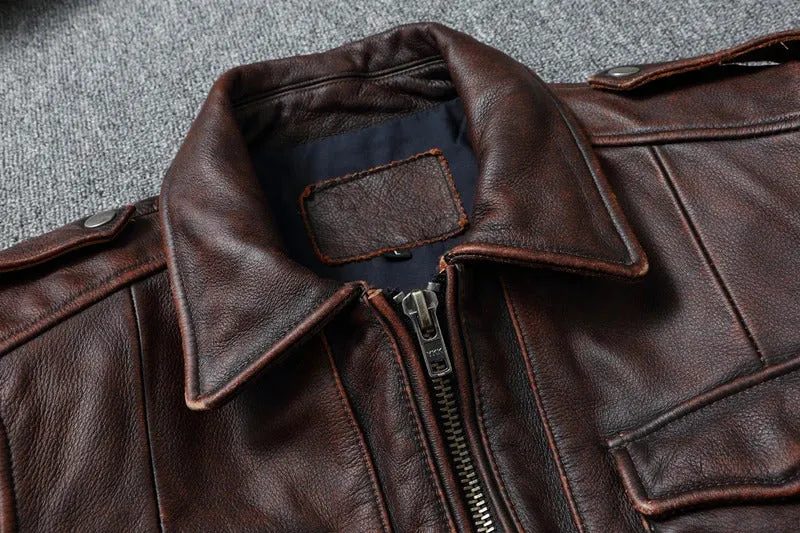 Mens Genuine Leather Biker Jacket: Real Cowhide Winter Coat