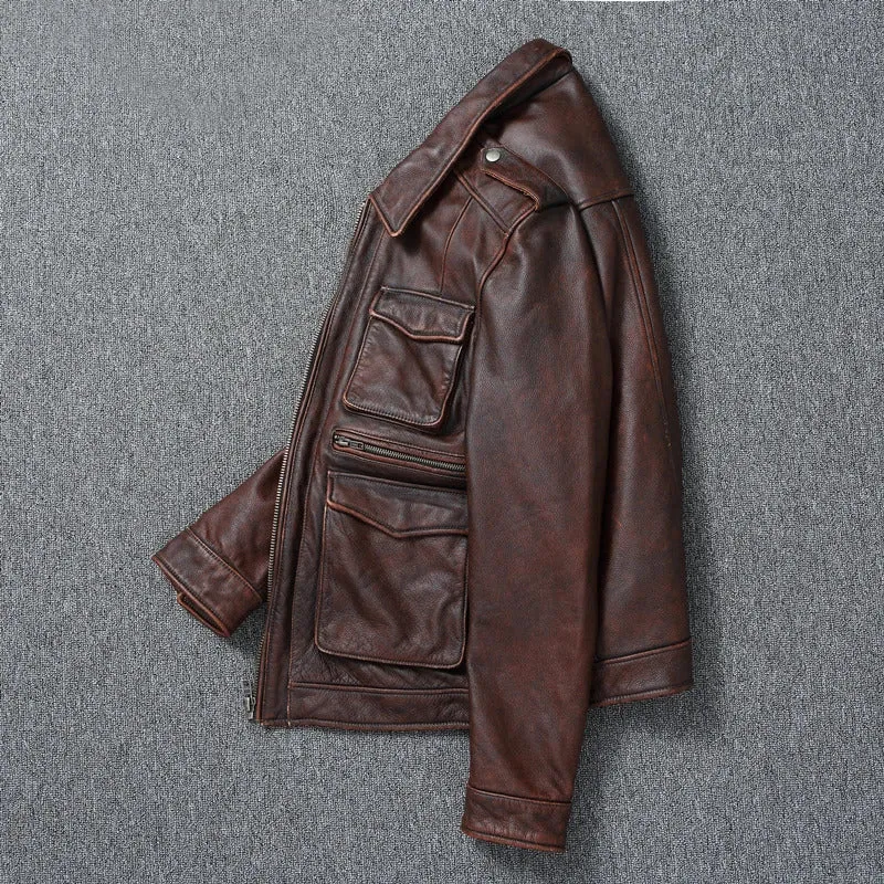 Mens Genuine Leather Biker Jacket: Real Cowhide Winter Coat