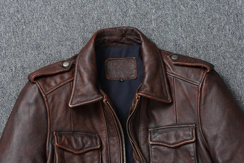 Mens Genuine Leather Biker Jacket: Real Cowhide Winter Coat