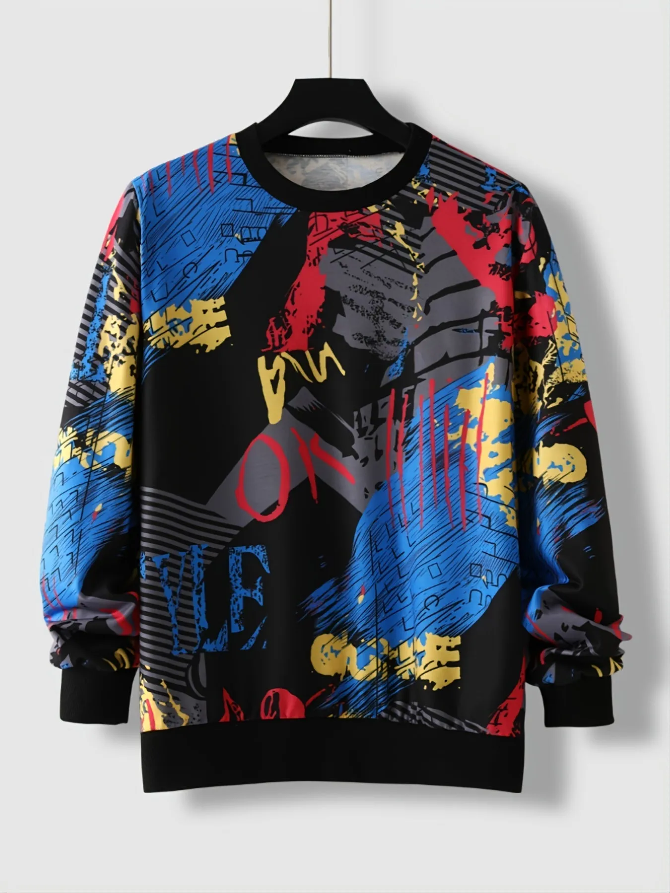 Men's Graffiti Print Versatile Casual Crew Neck Pullover Long Sleeve Sweatshirt