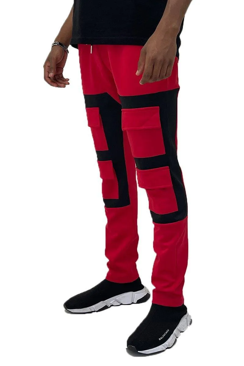 Mens Red And Black Color Block Cargo Track Pants