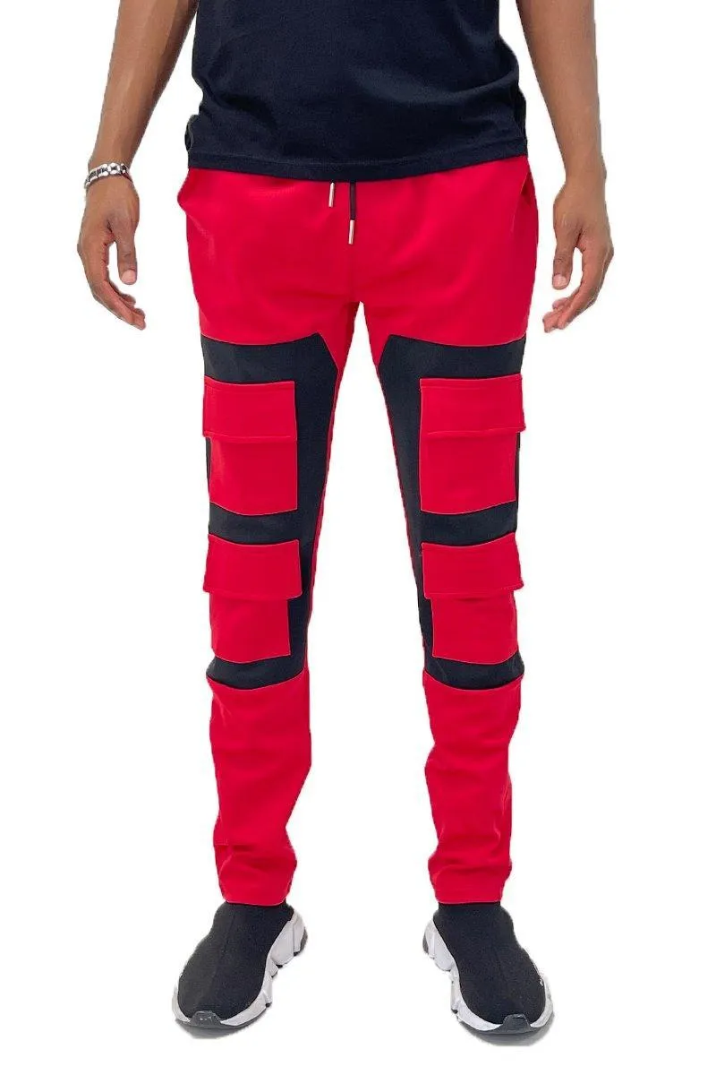 Mens Red And Black Color Block Cargo Track Pants