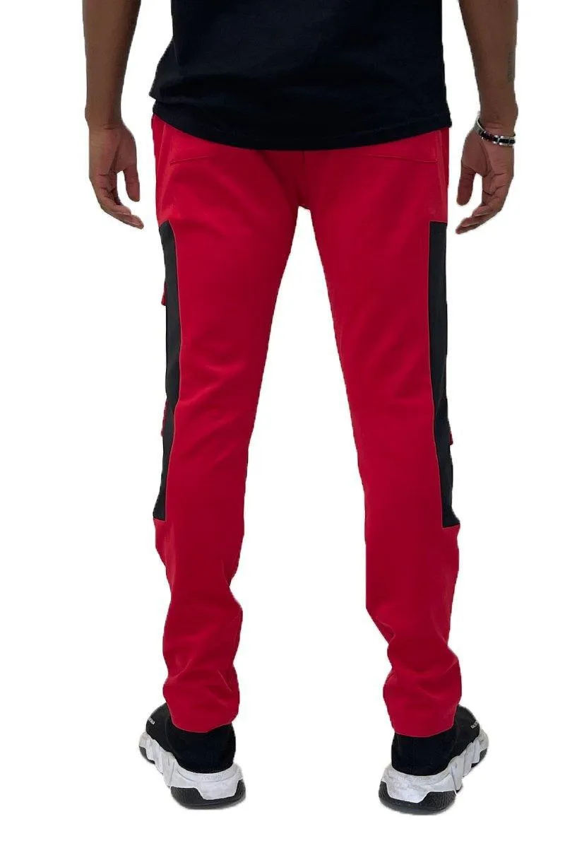 Mens Red And Black Color Block Cargo Track Pants