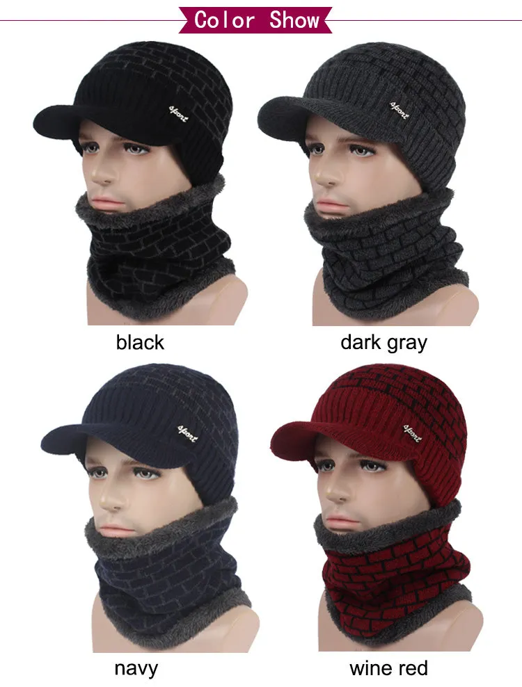 Men's Winter Knitted Cap Beanie   Collar Scarf - Black,Gray,Navy,Red