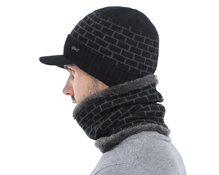 Men's Winter Knitted Cap Beanie   Collar Scarf - Black,Gray,Navy,Red