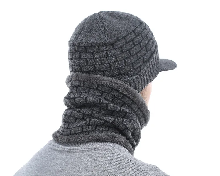 Men's Winter Knitted Cap Beanie   Collar Scarf - Black,Gray,Navy,Red