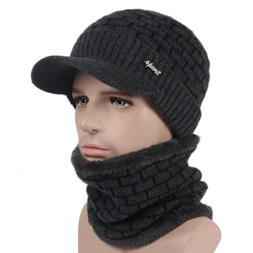 Men's Winter Knitted Cap Beanie   Collar Scarf - Black,Gray,Navy,Red