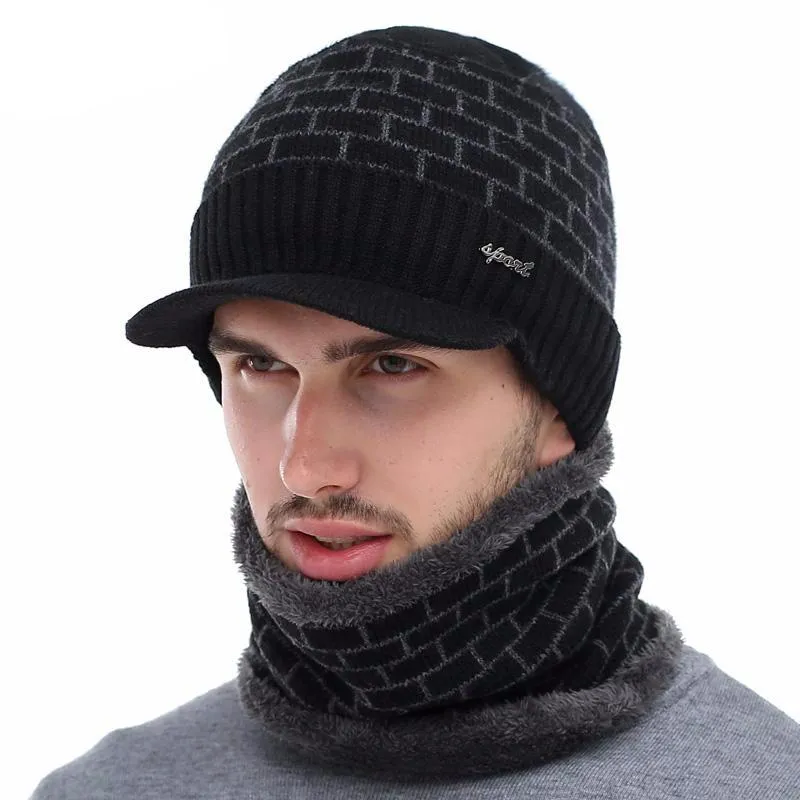 Men's Winter Knitted Cap Beanie   Collar Scarf - Black,Gray,Navy,Red