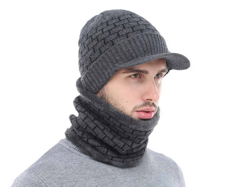 Men's Winter Knitted Cap Beanie   Collar Scarf - Black,Gray,Navy,Red