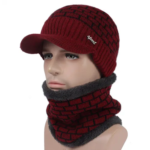 Men's Winter Knitted Cap Beanie   Collar Scarf - Black,Gray,Navy,Red