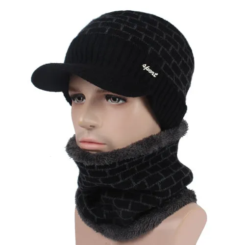 Men's Winter Knitted Cap Beanie   Collar Scarf - Black,Gray,Navy,Red