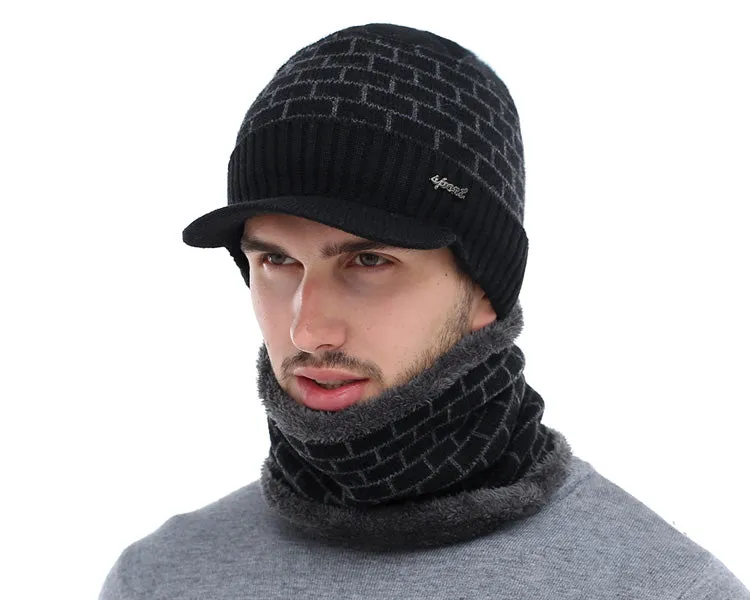 Men's Winter Knitted Cap Beanie   Collar Scarf - Black,Gray,Navy,Red