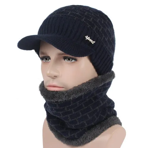 Men's Winter Knitted Cap Beanie   Collar Scarf - Black,Gray,Navy,Red