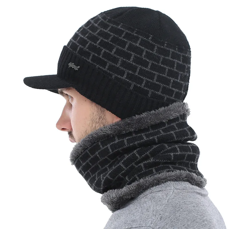 Men's Winter Knitted Cap Beanie   Collar Scarf - Black,Gray,Navy,Red