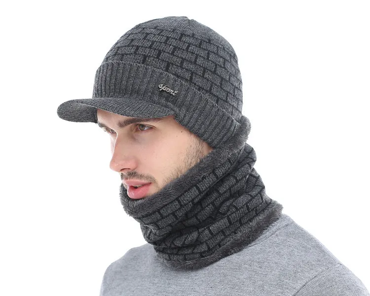 Men's Winter Knitted Cap Beanie   Collar Scarf - Black,Gray,Navy,Red