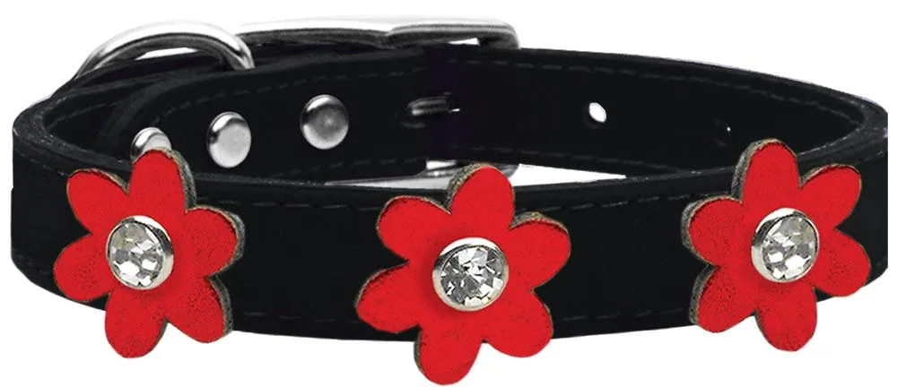 Metallic Flower Leather Collar Black With Metallic Red Flowers Size 16