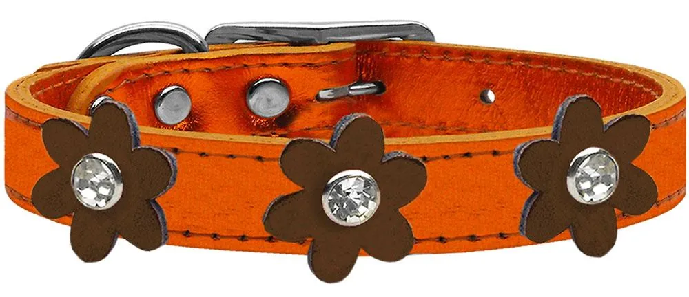 Metallic Flower Leather Collar Metallic Orange With Bronze Flowers Size 18