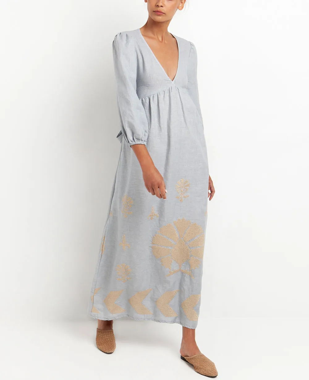 MIDI LINEN DRESS "PEACOCK" WITH BELT