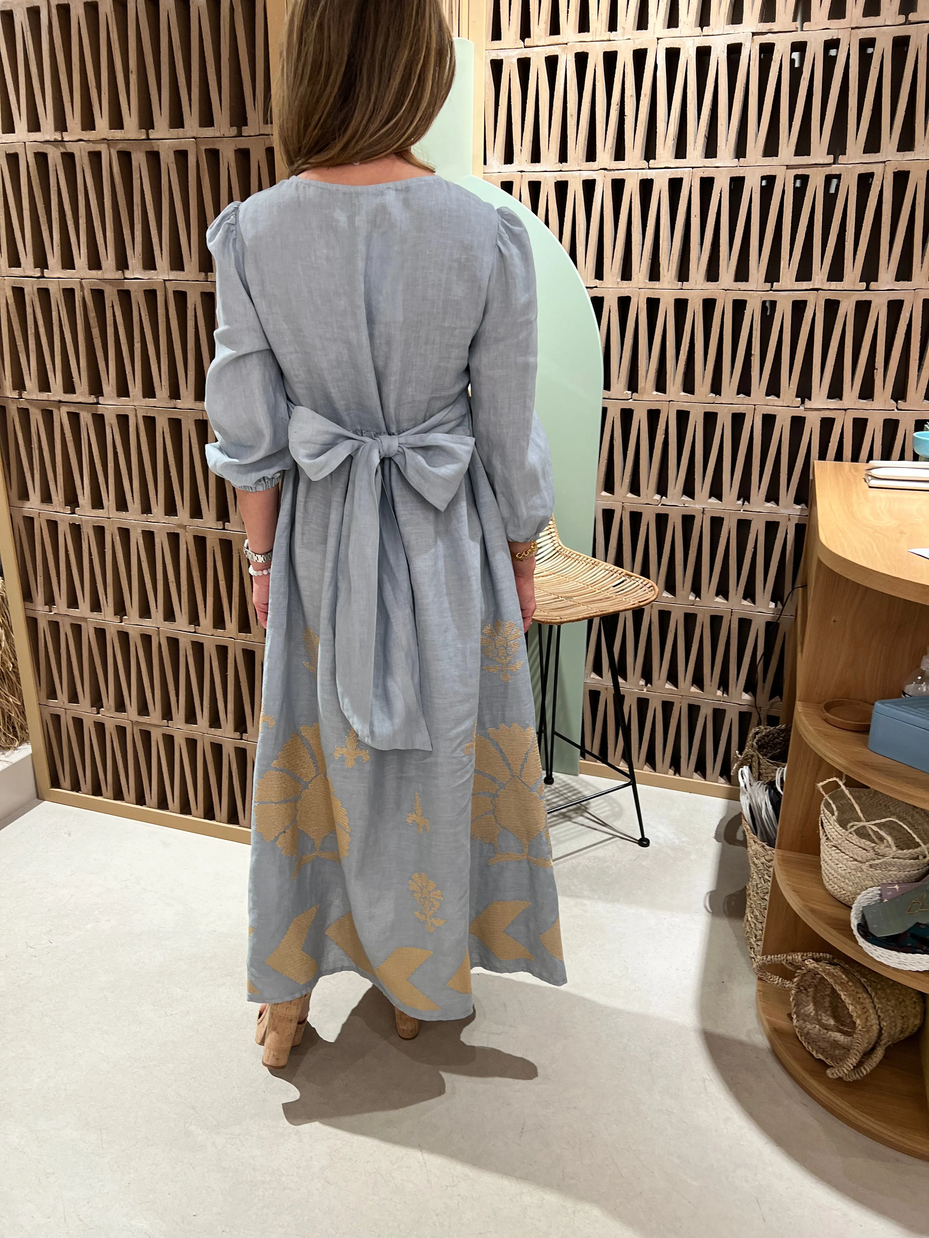 MIDI LINEN DRESS "PEACOCK" WITH BELT