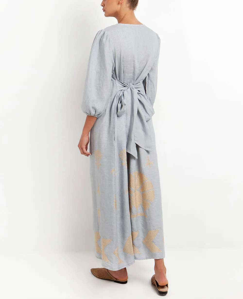 MIDI LINEN DRESS "PEACOCK" WITH BELT