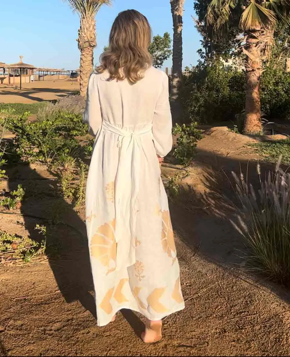 MIDI LINEN DRESS "PEACOCK" WITH BELT