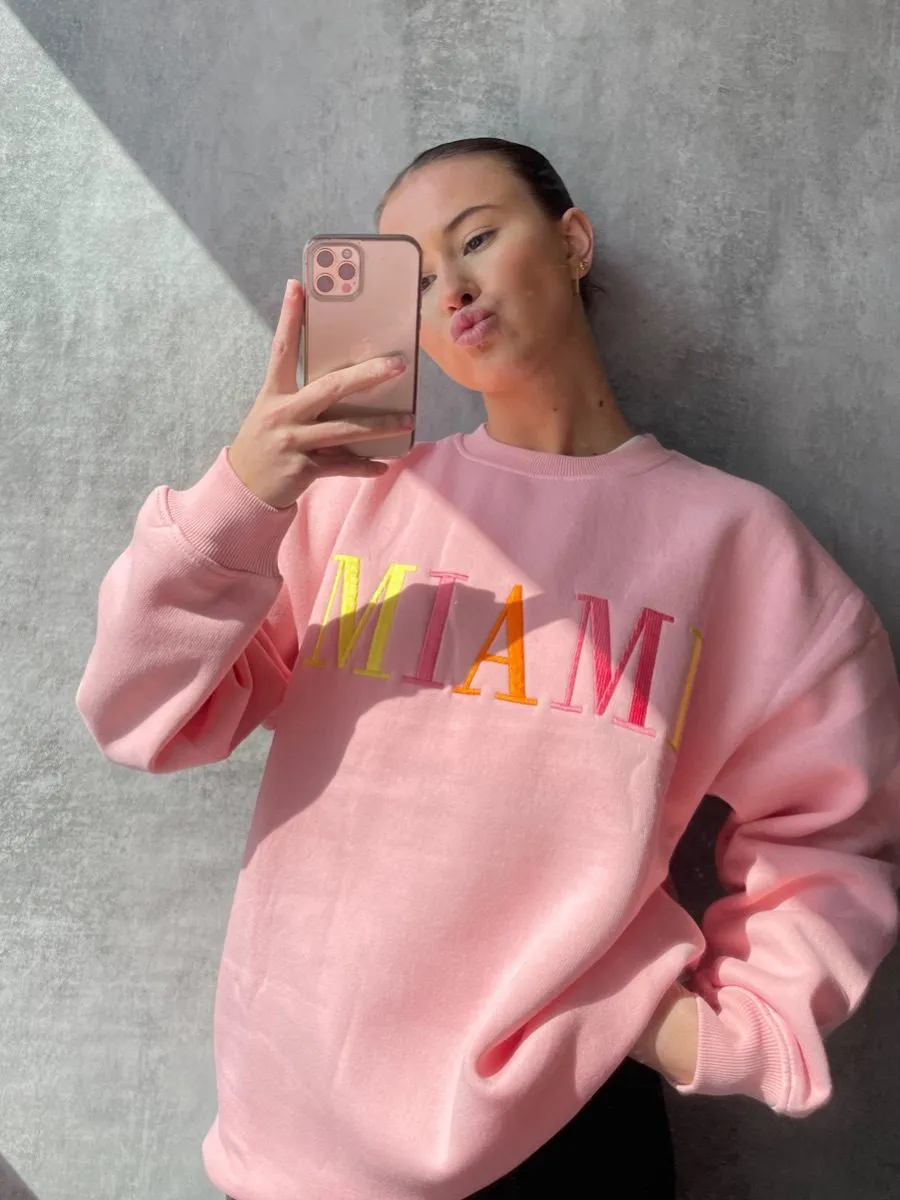 Nailah MIAMI Embroidered Oversized Sweatshirt Jumper In Pink