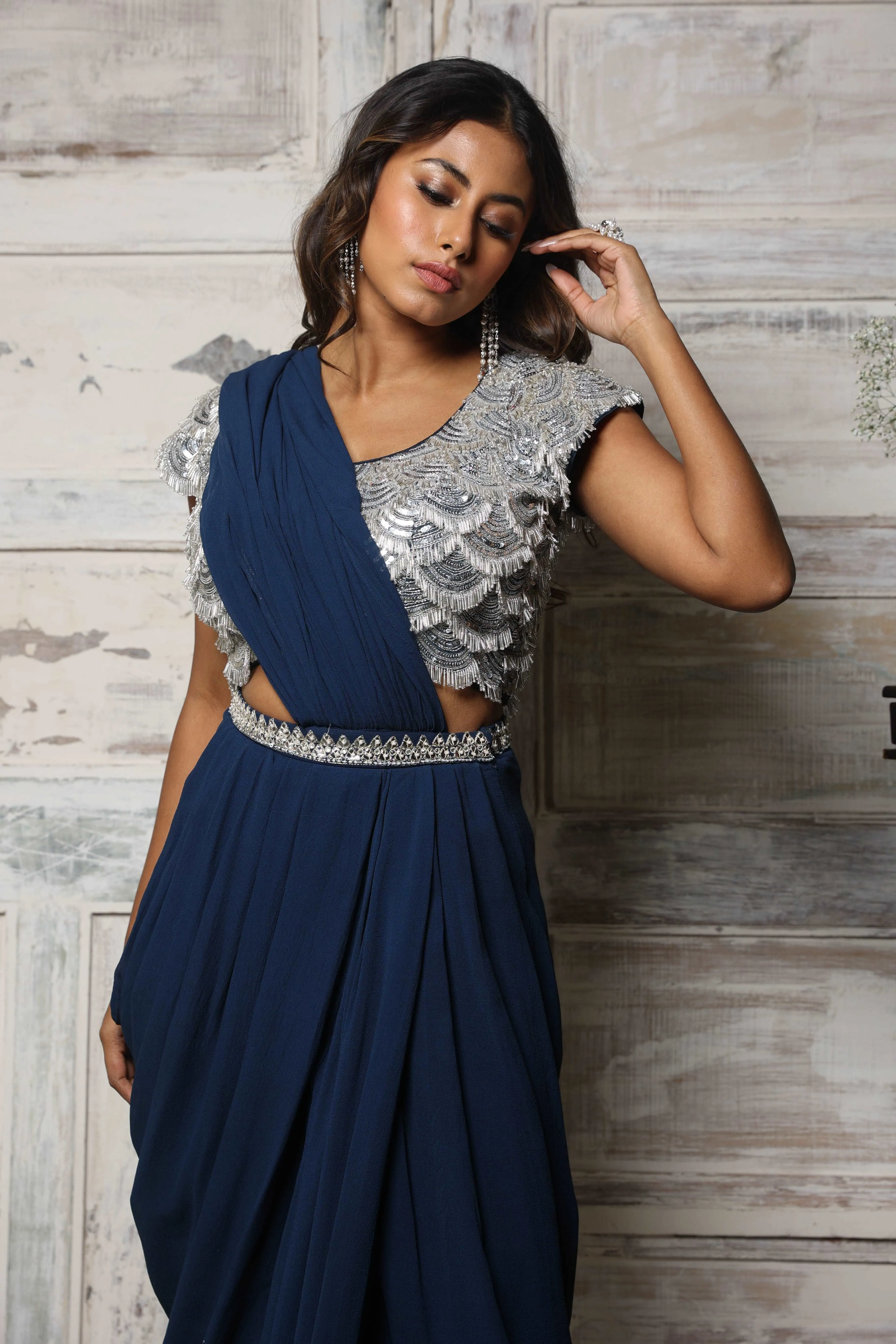 Navy Blue Drape Saree