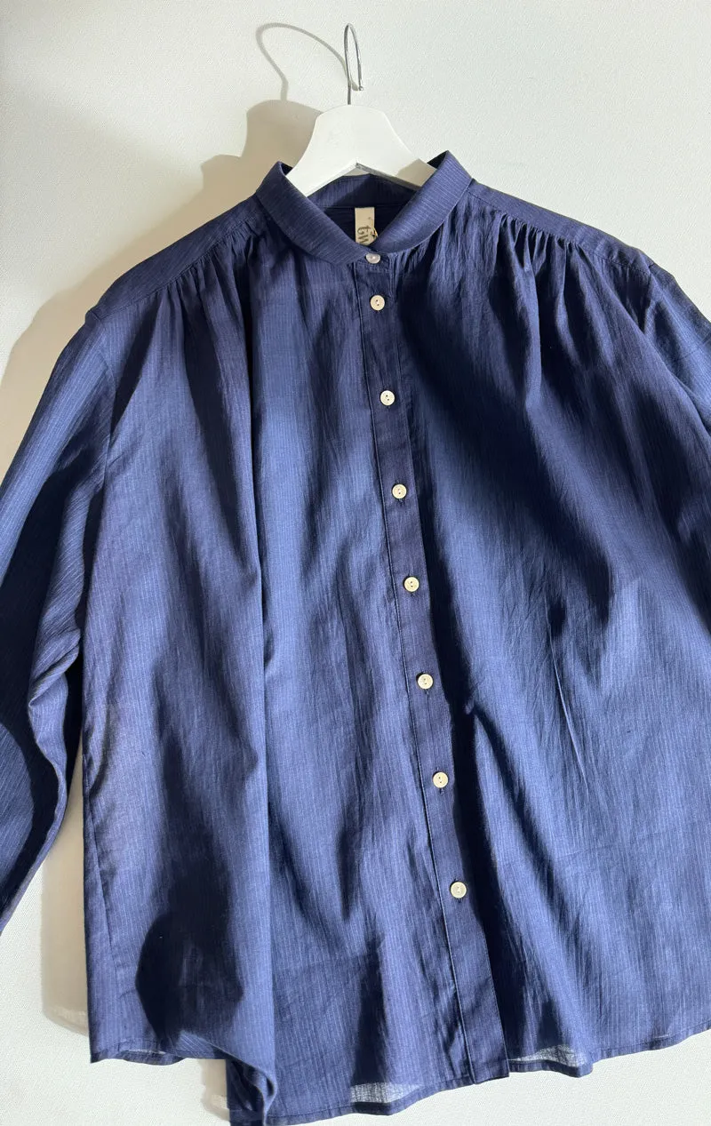 Navy micro stripe button front blouse